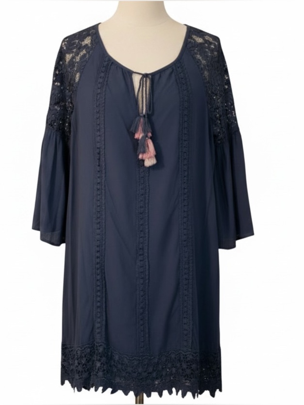 Knox Rose Crochet-Trim Tassel Navy Blue Shift Midi Dress 3/4 Sleeves